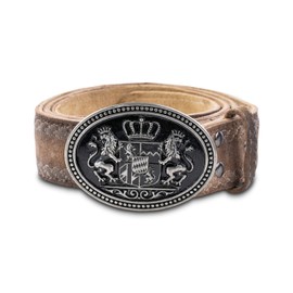 Matteo Men's Traditional Costume Belt with Embroidery Genuine Leather Costume Belt for Lederhosen with Bavaria Crest, Antique brown