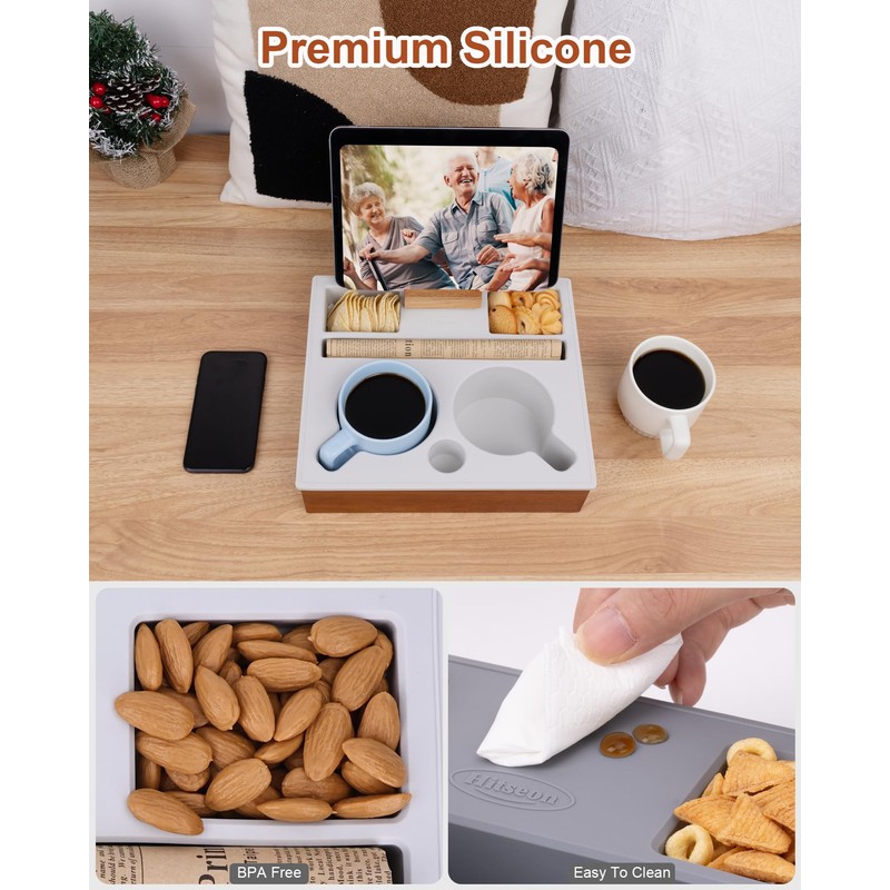 Hitseon Couch Cup Holder Tray, Portable Silicone Acacia Wooden 2