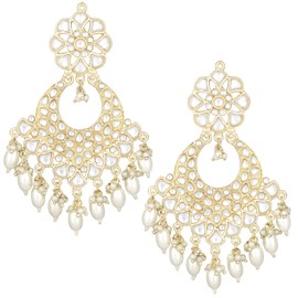 Aheli Traditional White Kundan & Pearl Studded Dangle Chandbali Earrings Ethnic Fashion Jewelry Gift for Women