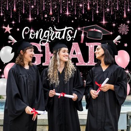 Mocsicka 2025 Congrats Grad Backdrops Black and Rose Gold Graduation Decorations Class of 2025 Pink Prom Congratulations Graduate Photo Background Props (7x5ft (82x60 inch))