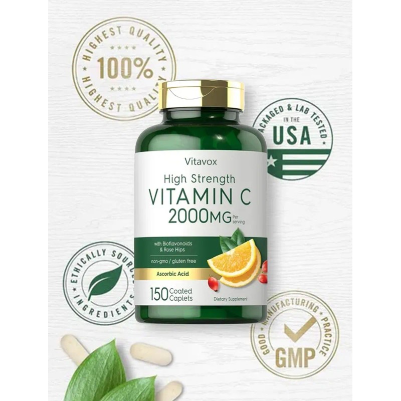 Vitamin C 2000mg | With Rose Hips | 150 Caplets|non-gmo