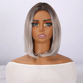Smilco Women's Short Natural Bob Gray Blonde Synthetic Straight Hair Wig Full Bangs Heat-Resistant Transparent for Daily Role SM1639color: gradient gray color, Stretched Length: 14 in