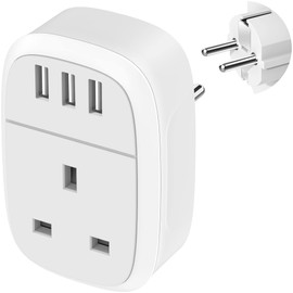 Iroussa UK to European Adapter Plug with 3 USB Ports, EU Schuko Travel Euro Europe Grounded Charger for Germany France Spain Turkey Russia Iceland Greece Poland Portugal Austria Netherlands(Type E/F)