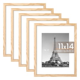 upsimples 11x14 Picture Frame Set of 5, Display Pictures 8x10 with Mat or 11x14 Without Mat, Wall Gallery Photo Frames, Natural