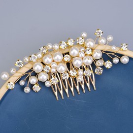 Wekicici Pearl Wedding Hair Comb Bridal Crystal Headpiece Gold Silver Crystal Hair Piece for Bride Rhinestone Pearl Hair Side Comb Hair Accessories for Women (Gold)