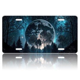 Moon License Plate Night Forest License Plate Stainless Steel Front License Plate Vanity Tag Funny for Car Decorative Accessories for Women Men 6 X 12 Inch with 4 Holes