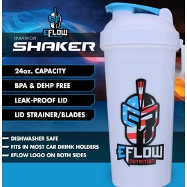 eFlow Nutrition Leak Proof Shaker Cup with Strainer - Easily Blend Supplement Powders - Portable Handheld Pre Workout Protein Drink mixing Bottle for Gym, Travel and Work (Matte White/Blue)