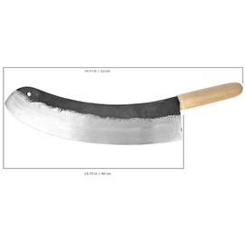 EROL Carbon Steel (15.7 in/40 cm) Pizza Cutting Show Mincing Knife Handmade Forged Gourmet Professional Chef Butcher Chopping Handled Curved Kebab Meat Mezzaluna Herb Big Blade Kitchen Cleaver