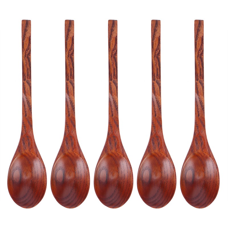 5PCS Japanese Style Wood Spoon Long Handle Soup Spoons Household
