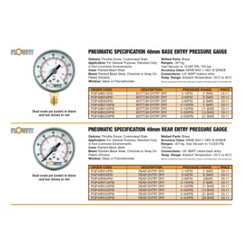 Flowfit Pneumatic Pressure Gauge, Dry, 40mm Dial Size, Rated for 0-100 PSI (7 Bar), 1/8" BSP Rear Entry, for General Purpose (Gas, Water)