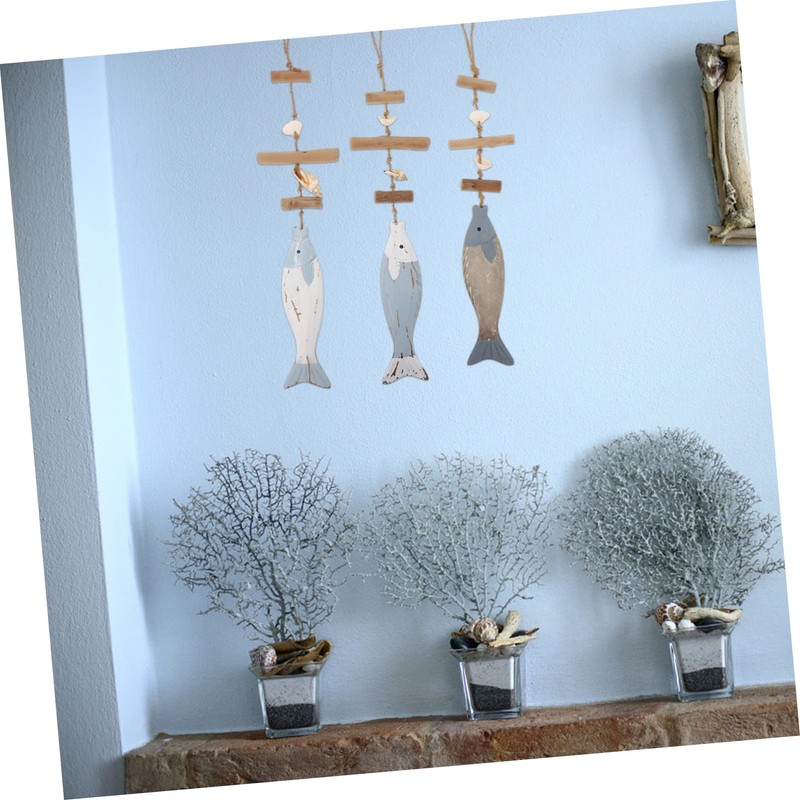 Ciieeo 3Pcs Mediterranean Wood Fish Hanging Pendant Sculpture Nautical Decor