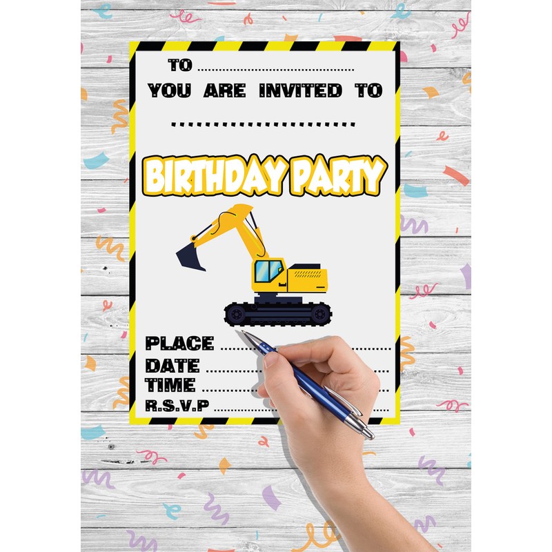 AK Giftshop Digger Construction Party Invites & Coloured Envelopes Birthday
