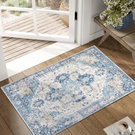 Jinchan - Alfombra de entrada de 2 x 3 pulgadas, lavable, suave, clásico, estilo retro, envejecido, ligera, antideslizante, para entrada, baño, cocina, sala de estar, recámara, color azul