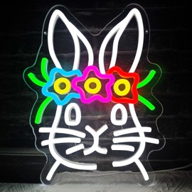 Easter Bunny Flower Neon Light, Easter Neon Bunny Wearing Flower Neon LED Light, Easter Wall Decor Party Home Room Decor, Easter Gift for Kids