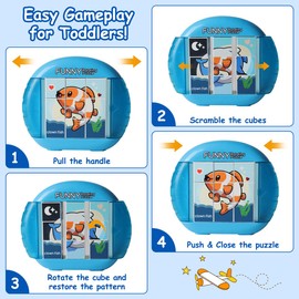 Fullware Rotating Puzzle for Kids 3 4 5 6 7 8 Year Old, 4 Puzzles in 1, Toddlers Travel, Car, Airplane, Road Trip Activities, Fine Motor Skills, Fidget, Gift for Boys & Girls Ages 3+(Fishes