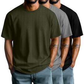 Riyiper 3 Pack Men's Short Sleeve T Shirts Loose Crew Neck Casual Stretchy Tees Summer Textured Knit Basic Lightweight Tops(Army Green, Light Gray, Black,Medium)