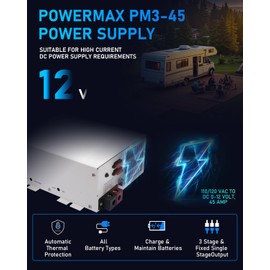 PM3-45 Power Supply & Battery Charger - 110/120V AC to 0-12V DC 45A Converter, 3-Stage Smart Charging, Built-in Fan, LED Indicator, Power Converter Compatible for RV, Solar, Marine Batteries