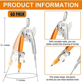 60 Pieces Compass for Geometry Metal Compass Tool Math Compass Bulk Drawing Compass Silver Geometry Compass with Pencil for Student School Classroom Office Woodworking Art Drawing