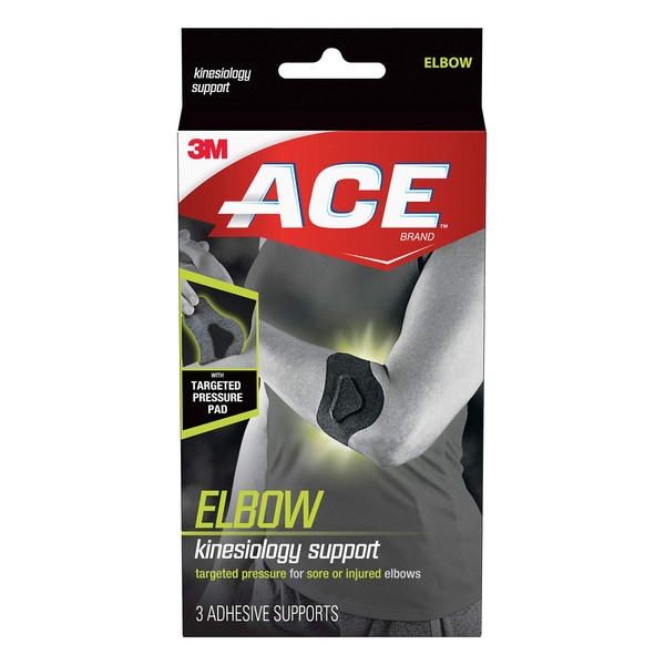 ACE Kinesiology Elbow Support, Flexible Fiber, Pre-Cut Design Contours to Elbow, Breathable, Water-Resistant, May Be Worn for up to Three Days