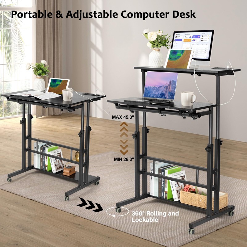 Hadulcet Stand Up Desk, Rolling Desk Adjustable Height, Mobile Standing