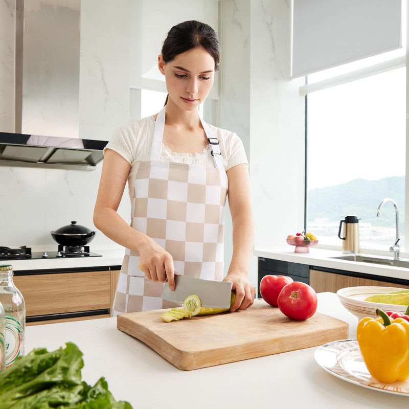 Ohocut 2 Pack Checkered Kitchen Apron, Beige Checkerboard Aprons for
