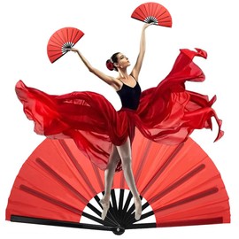 Boots on The Ground Fan，MZinge Large-sized Foldable Hand-cranked Fan. Black Hand Fan,Foldable Fan Suitable for Chinese Kung Fu,Tai Chi,Line Dance,Dance,Music Festivals,Parties and Decorations (RED)