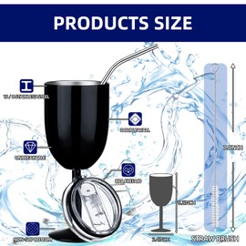 Stemmed Stainless Steel Wine Glasses with Lid Double Wall Insulated Wine Tumbler Unbreakable Goblets Wine Glasses with Drinking Straw and Straw Brush, 10 oz (Black, White, Silver,3 Pieces)
