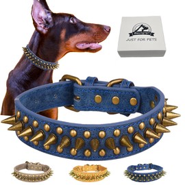 Kawagogo Spiked Studded Dog Collar Anti-bite PU Leather for Small Medium Large Dogs Pit Bull Mastiff Bully Boxer Collar… (Blue-Sharp Spikes, L)