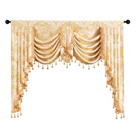 ELKCA Golden Jacquard Swag Waterfall Valance Luxury Curtain Valance for Living Room (Damask-Golden, W59 Inch, 1 Panel)