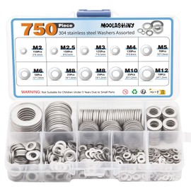 750Pcs Washers for Screws, Stainless Steel Flat M2/M2.5/M3/M4/M5/M6/M8/M10/M12 9 Sizes Metal Washers for Bolts Hardware Assortment Set for Home Repair Construction