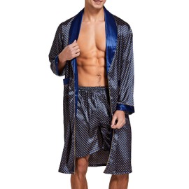 Mens Satin Robe Lightweight Silk Long Sleeve Bathrobe with Shorts Set Spa Kimono Sleepwear (M, Blue with Golden)