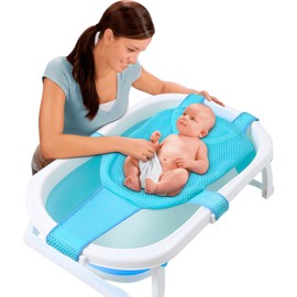 Baby Bath Net, Non Slip Newborn Baby Bath Seat with Adjustable Bathtub Sponge Cushion Net, Soft Touch Baby Bath Support Seat Net with 5 Safety Support Corner for 0-12 Months (Blue)