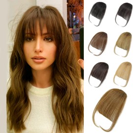 GHDXIWEYU Human Hair Clip in Bangs,Women Air Thinning Curtain Flat Medium Brown Bangs, Natural Curved Wispy Bangs,Real Human Hair Extensions Faux Bangs for Daily Wear(Wispy Bangs,Medium Brown)