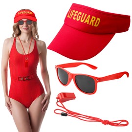 ZMDMAH 3 Piece Lifeguard Costume Set with Lifeguard Hat and Guardian Whistle Sunglasses Lifeguard Accessories Adjustable Sun Protection Hat for Adults Men Women