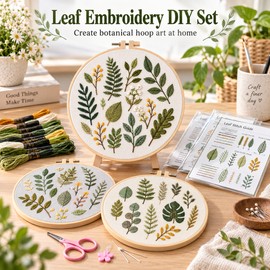 Embroidery Starter Kit for DIY Crafting – 3-Piece Cotton Leaf Pattern Set with 20cm Hoop for Painting & Needlework Projects