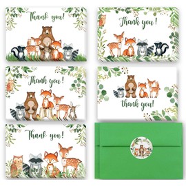 50 Woodland Thank You Cards, 4x6" Forest Animals Greenery Thank You Notes with Matching Green Envelopes & Stickers, Woodland Creatures Notecards Perfect for Woodland Baby Shower and Birthday Party