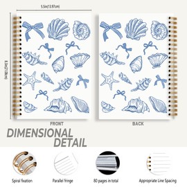 Foritho Blue Coquette Bow Beach Notebook, Ocean Seashell Conch Preppy Beach Journal for Writing, Preppy Coquette Girly School Supplies, Cute Aesthetic Spiral Notebook 5.5x8.3 Inch