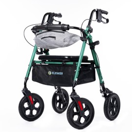 ELENKER All Terrain Rollator Walker with Seat for Seniors, Foldable Rolling Walker, with 10” Big Solid Wheels, Front Pouch, Cup Holder, Fully Adjustment Frame, Green