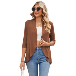 Famulily Women's Lightweight Cardigans, Loose Ruffles 3/4 Sleeve Soft Drape Open Front Dusters (XL, Khaki)