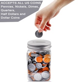 Mczxon Small Coin Bank Jars 4-Pack, 16oz Clear Plastic Coin Money Tip Coin Mason Jars with Silver Slotted Lids, Small Transparent Plastic Coin Money Piggy Banks Jars for Adults Teens Kids Girls Boys