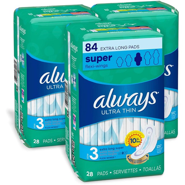 Always Ultra Thin Feminine Pads for Women, Size 3, Extra Long, Super Absorbency, with Wings, Unscented, 28 Count, Pack of 3 ( packaging may vary)
