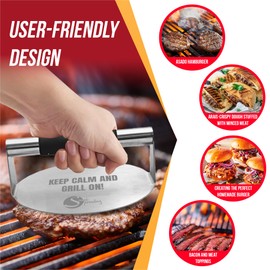 Simple preading Smash Burger Press with Fun Quotes - Stainless Steel Hamburger Smasher for Griddle & Grill Press, Perfect for BBQ, Flat Tops, Patty Making, (8.5" XXXL, Keep Calm)