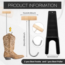 Cunhill 3 Pieces Cowboy Boot Hooks Long Shoes Pull and Boot Puller Set with Long Handle Stainless Wooden Remover for Women and Men