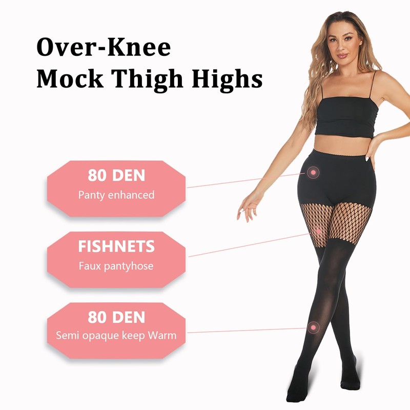 MANZI Faux Thigh High Tights Mock Suspender Pantyhose Striped Goth