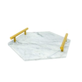 White Marble Tray with Gold Handles - Real Marble Perfume Tray for Vanity - Chic Modern Hexagon Tray (Hexagon, White)