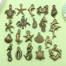 100pcs Antique Blue Ocean Series Seahorse Dolphin Sea Turtle Starfish Shell Pendant Jewelry Making DIY Keychain Earrings Pendant Various Design Charms for Jewelry Making Bracelets Necklace (SN883)