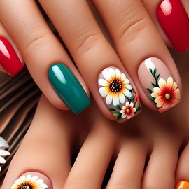 Spring Summer Press on Nails Medium Square Fake Nails Gradient Flower Stick on Nails Red Green Glue on Nails Cute False Nails Glossy Artificial Full Cover Acrylic Nails Reusable Nails for Women Girl