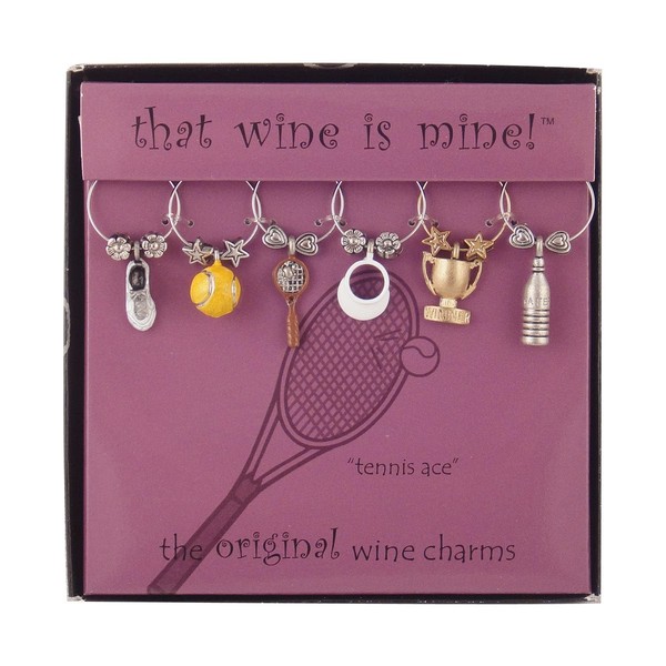 Supreme Housewares 6-Piece Wine Charms/Wine Glass Tags/Drink Markers for Stem Glasses, Wine Tasting Party (Tennis Ace)