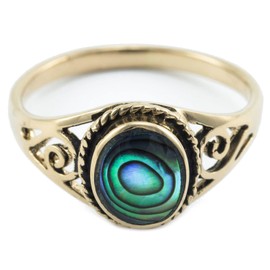Windalf Bohemia Lucy Women's Ring 9 mm Paua Shell Jewellery Friendship Ring Elegant Bronze, Fabric jewellery bag, Sea Opal