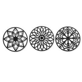GouZaak Black Metal Wall Art, Boho Black Metal Wall Decor, Abstract Floral Wall Art for Bedroom Living Room Bathroom (3 Pack, Circular, 11.8" x 11.8")